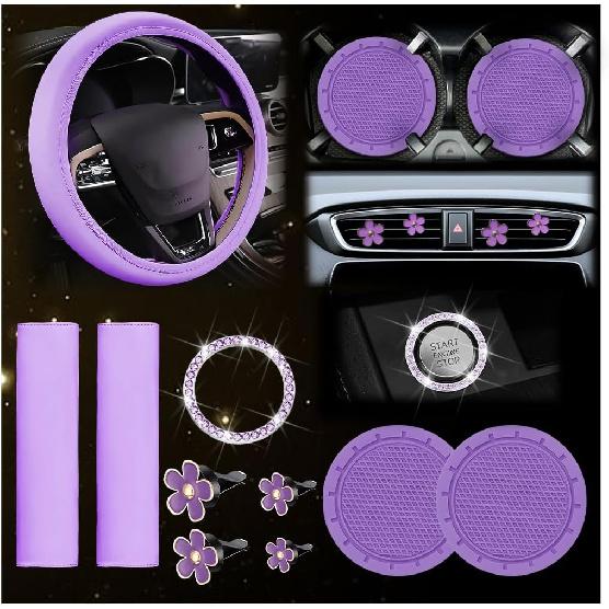 10PCS Car Accessories Set, Vehicle Steering Wheel Cover Seatbelt Protector Cup Holder Coaster Push Start Button Cover Flower Auto Air Vent Clip,