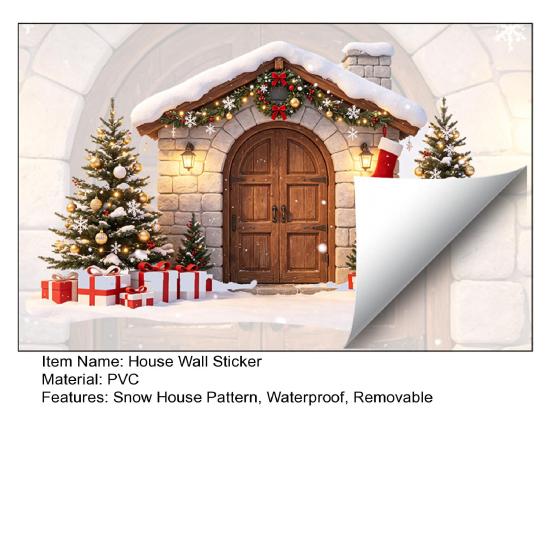 Holiday Party Supplies Snow House Wall Sticker for Christmas, Waterproof Stone Winter Decoration Decal, Removable Mural Living Room Bedroom Decals