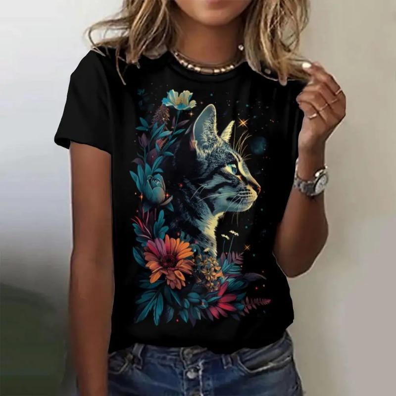 Summer O-Neck Short Sleeve Women's T-Shirt 3d Printed Black Cat Pattern T-Shirt Pullover Top Fashion Street Female Clothing 2024