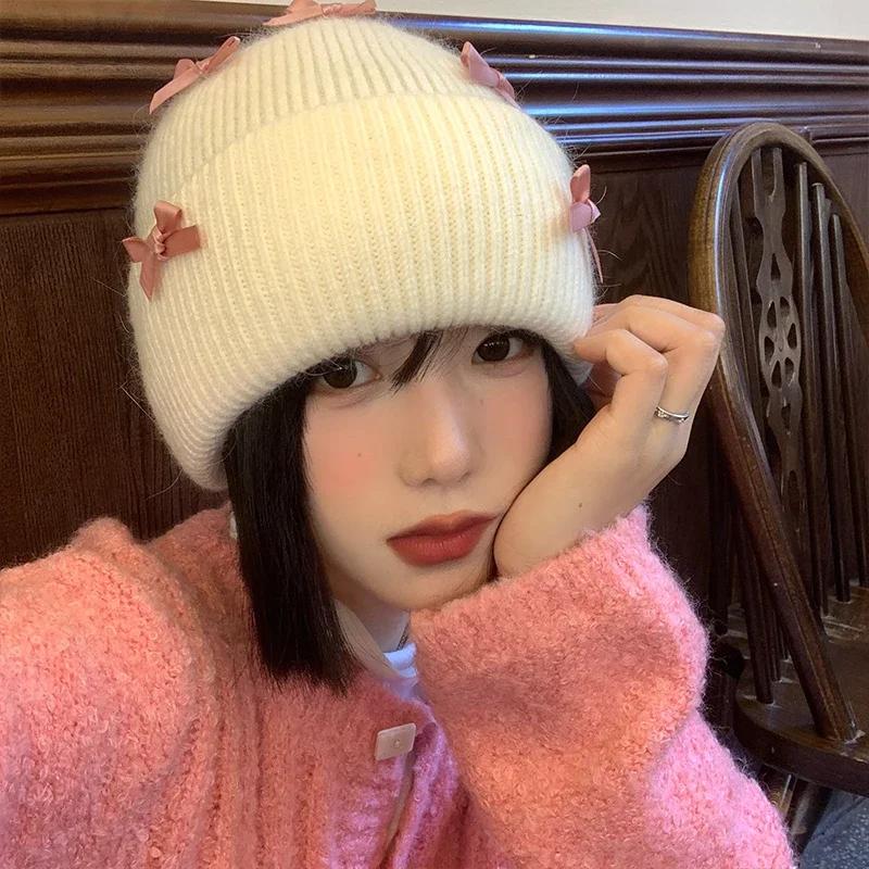 Ins New Sweet Bow Knitted Women's Hats Autumn and Winter Korean Version Fashion Warm Thickened Pullover Cute Beanies Caps