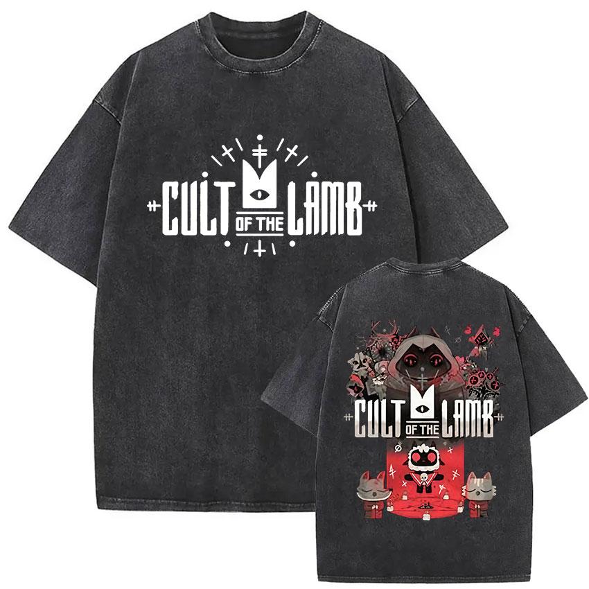Cult of The Lamb Camiseta Lavada Vintage para Hombre Holgada Moda Humorística Camisetas de Manga Corta Ropa de Verano Camiseta