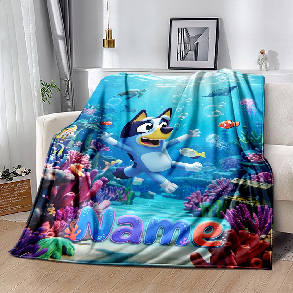 Bluey's Beach Adventure Customize Text Blanket Throw Personalized Blanket Warmthful Decor Perfect for Office Seaside Chair Office Chair All-Season Use