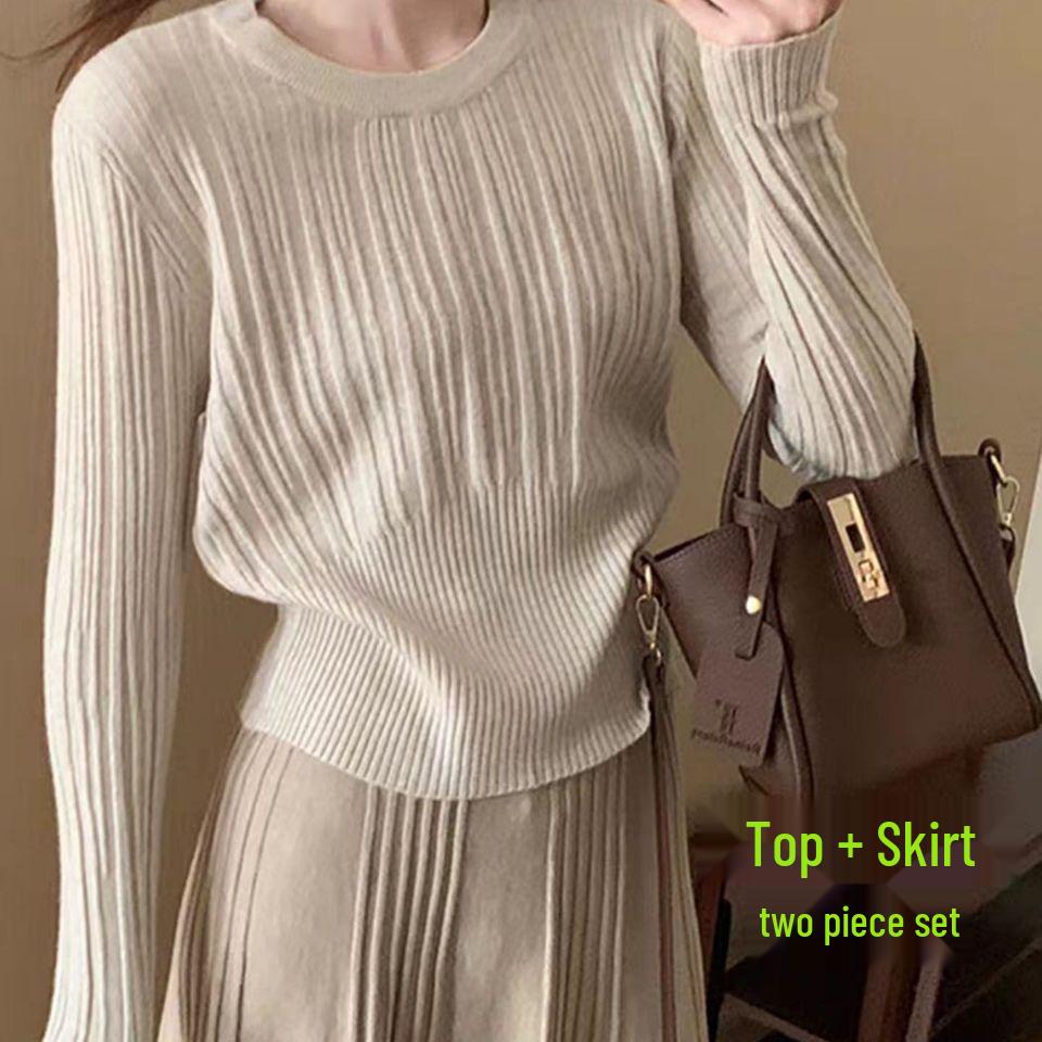 2026 Autumn Women's Striped Knit Two-Piece Set: Round Neck Top & High Waist Skirt