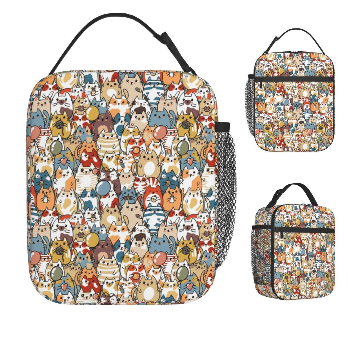 Cute Cats Repeat Lunch Bag Colourful Funny Animals Cartoon Insulated Lunch Box Outdoor Cooler Bag Oxford Thermal Lunch Bags One Size