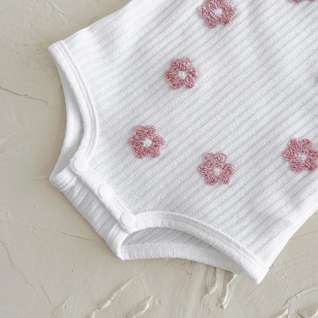 Baby Girl Floral Embroidered Strappy Romper - Breathable Summer Bodysuit with Comfortable Square Neck