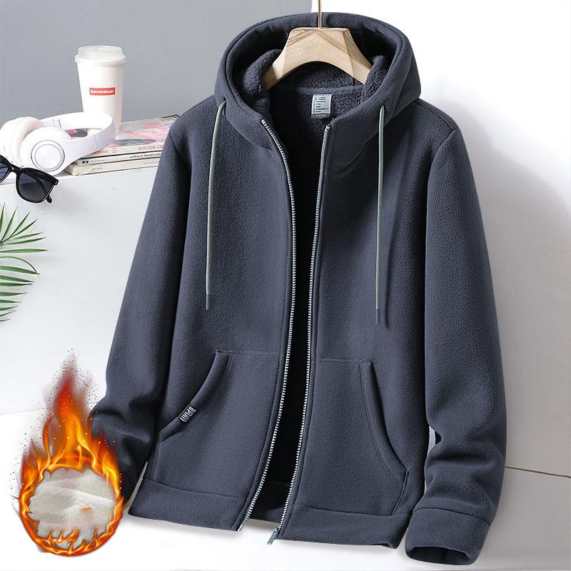 Solid Cashmere Fleece Hoodies Men Sweatshirt Autumn Winter Jacket Breathable Leisure Walk Warm Hooded Zipper Top Coat