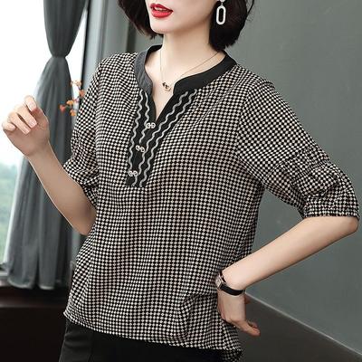 Fashion Plaid Women's Loose Short-sleeved T-shirt Women's Chiffon V-neck Printed Elegant Pullover Thin Top