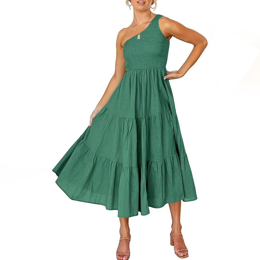 Women's Fashion Casual One Shoulder Pleated Color Medium Length Dress