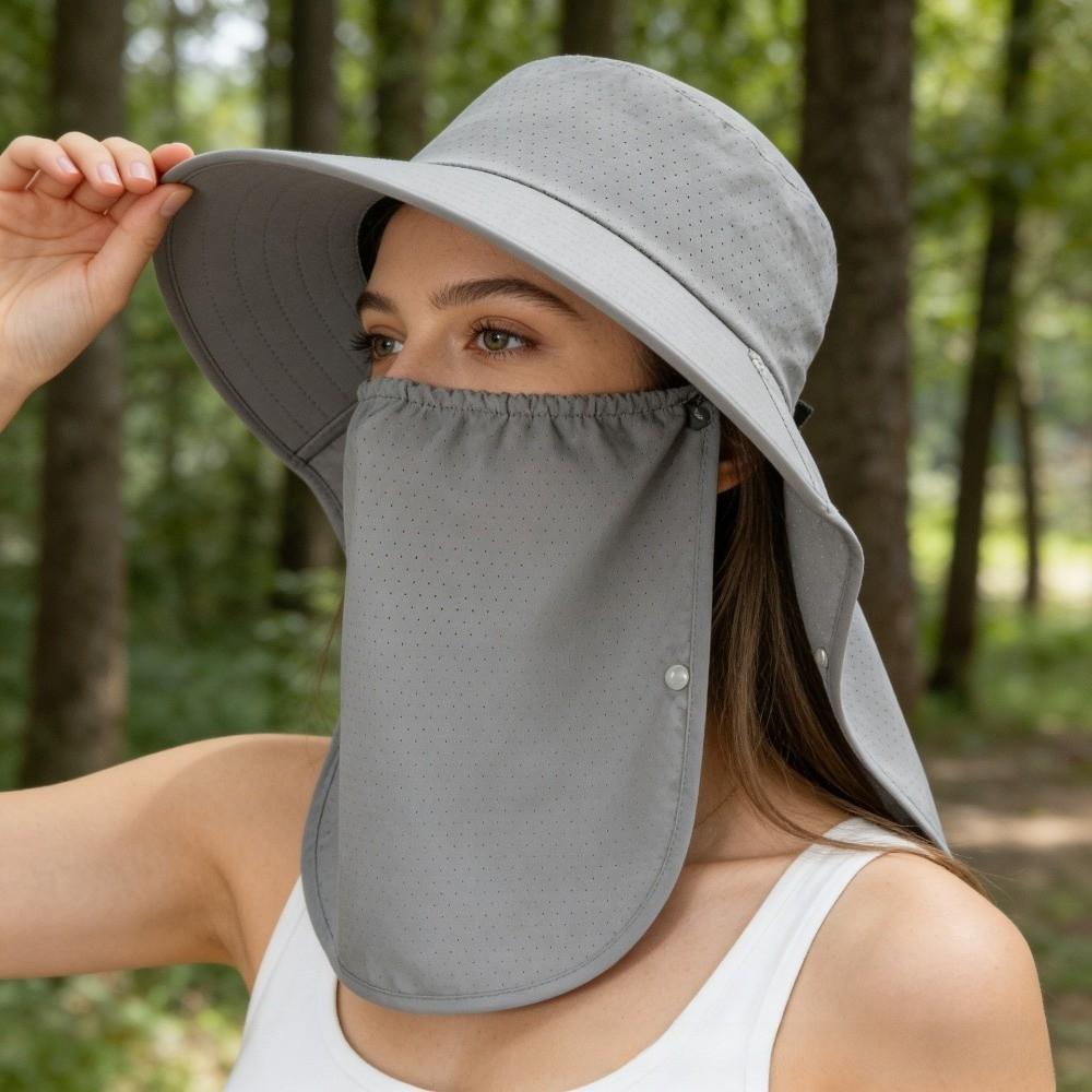 Fashion Wide-Brimmed Shawl Mask Hat Adjustable Breathable Sunshade Sun Hat Solid Color Lightweight Neck Protection Cap Sport