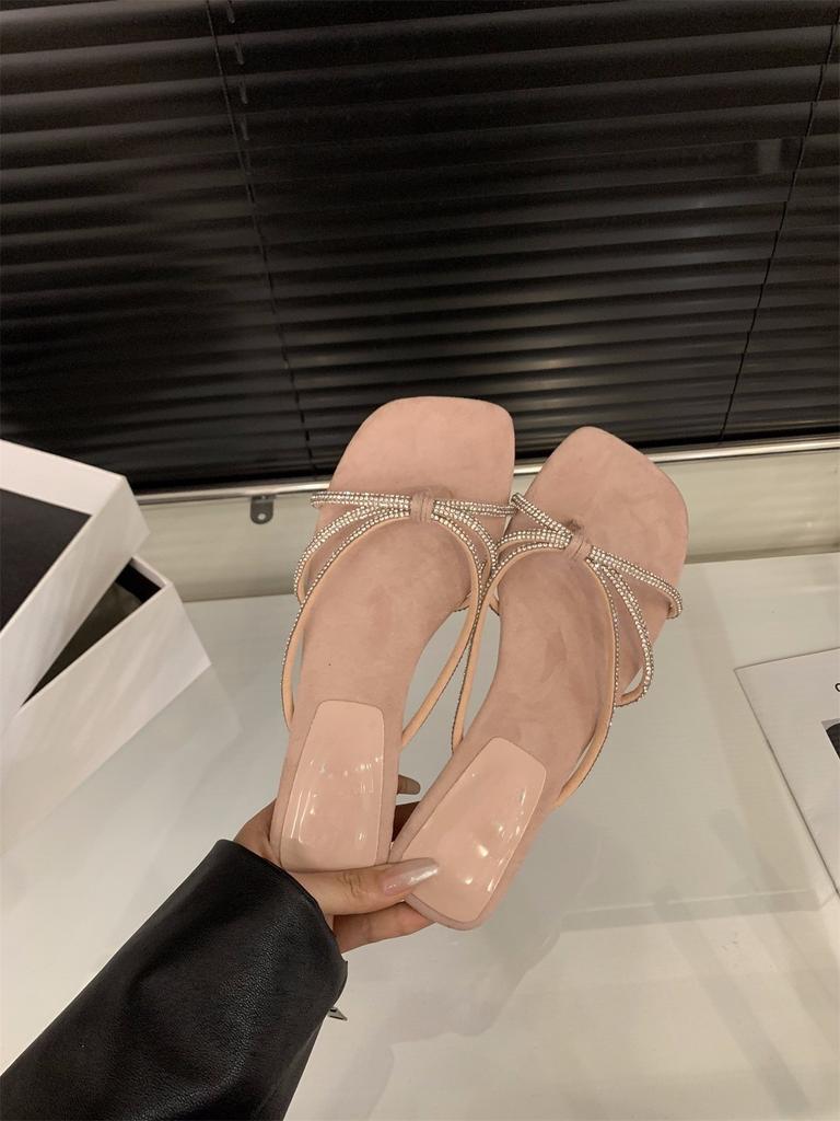 Coarse Heel Temperament Silver Rhinestone Toe Slippers Women's Shoes Wear Small Sandals Sandals