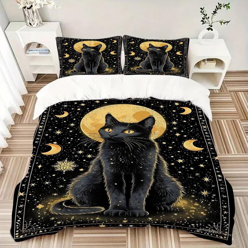3pcs Black Cat Moon Night Duvet Cover Set, Cover For Bedroom Guest Room (1 Duvet Cover + 2 Pillowcase, Without Quilt),  Yy250922224