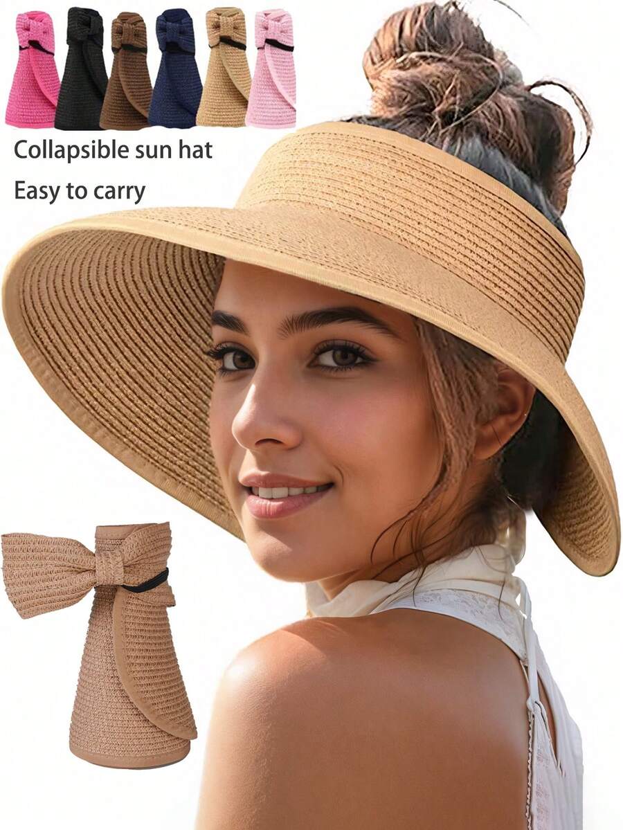Zealous Sole Women's Wide Brim Straw Sun Visor Hat With Bow Foldable Packable Uv Protection Beach Travel Hat Cm