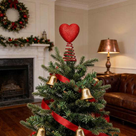 Red Heart Tree Topper with Coil Spring Bounce Effect Glittery Shiny Texture Romantic Holiday Decoration for Mini Trees Parties Home Decor And