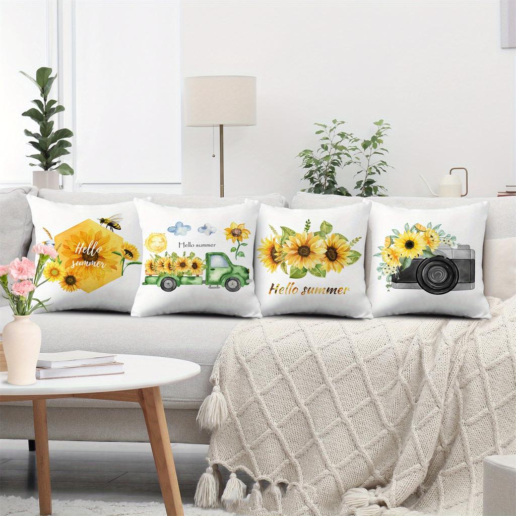 4pcs Fresh Pastoral Style Bee Sunflower Vintage Camera Throw Pillow Covers Green Pickup Truck Hello Summer Decorative Cushion Case for Bedroom Sofa