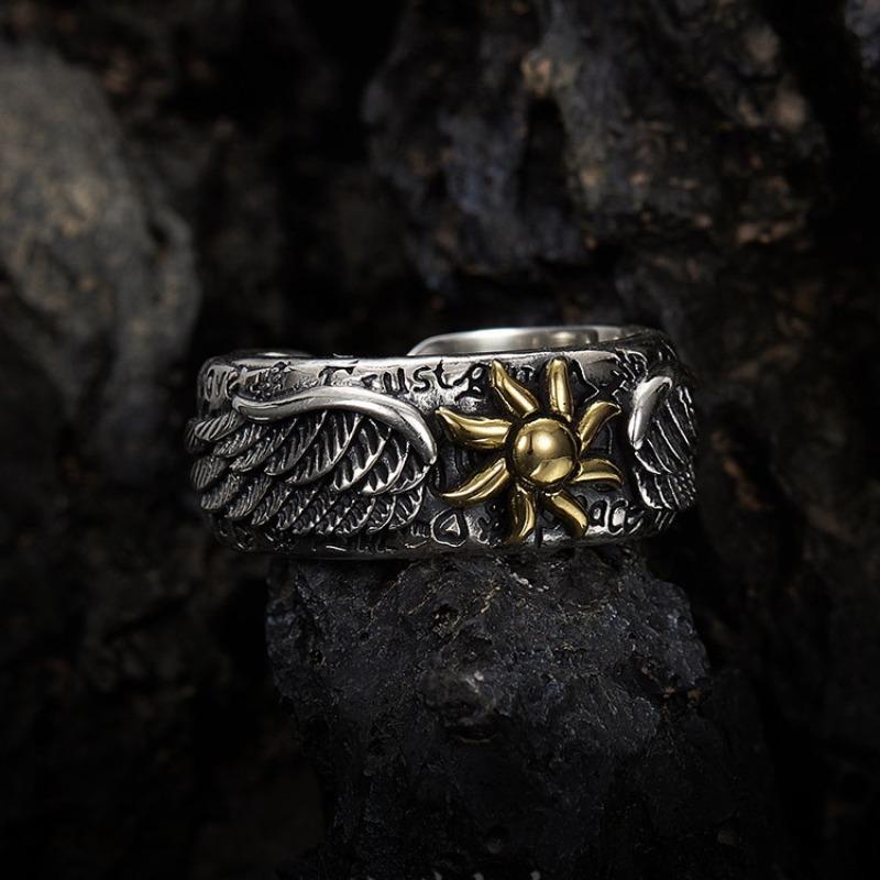 925 Thai Silver Sunflower Wing Ring Men's Retro Personality Open Ring Niche Design Graffiti Single Ring