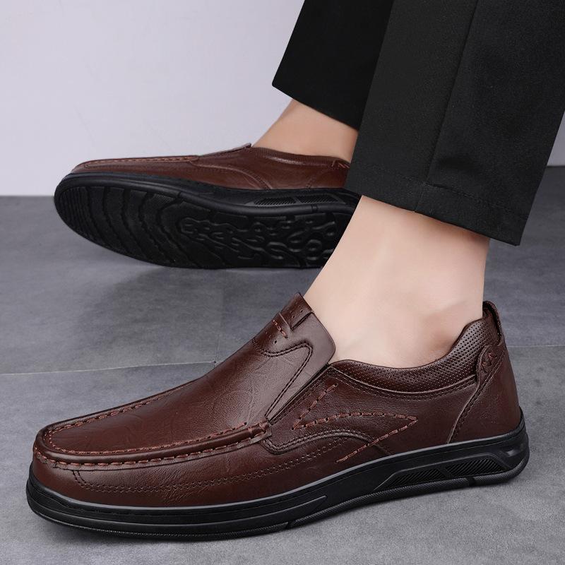Leather shoes men's first-layer cowhide business casual loafers spring one-pedal lazy thick-soled round head foot men's leather shoes