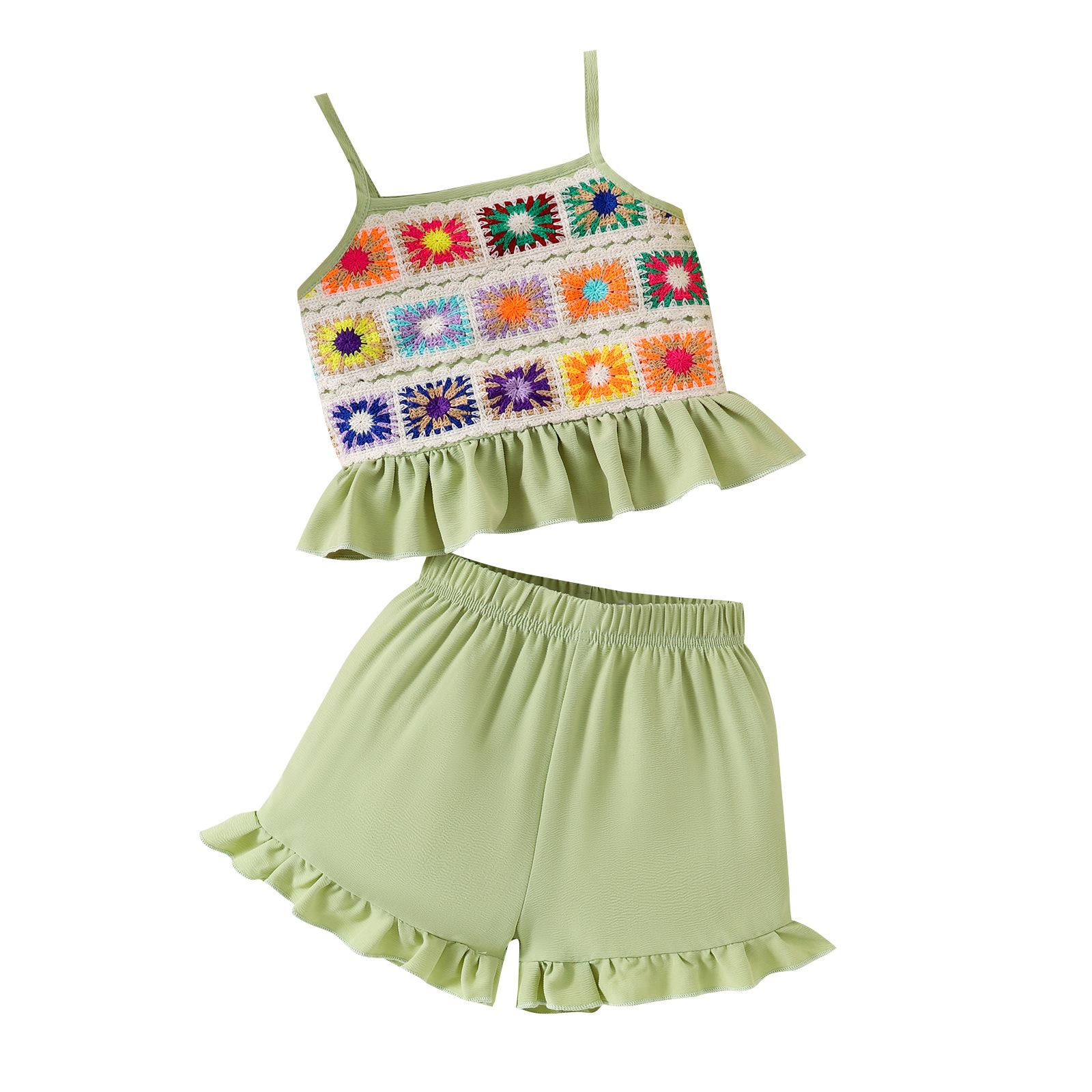 

Комплект одежды для девочек, летний детский повседневный комплект из цветного трикотажного топа с вышивкой и кружевных шорт 4Y зелёный