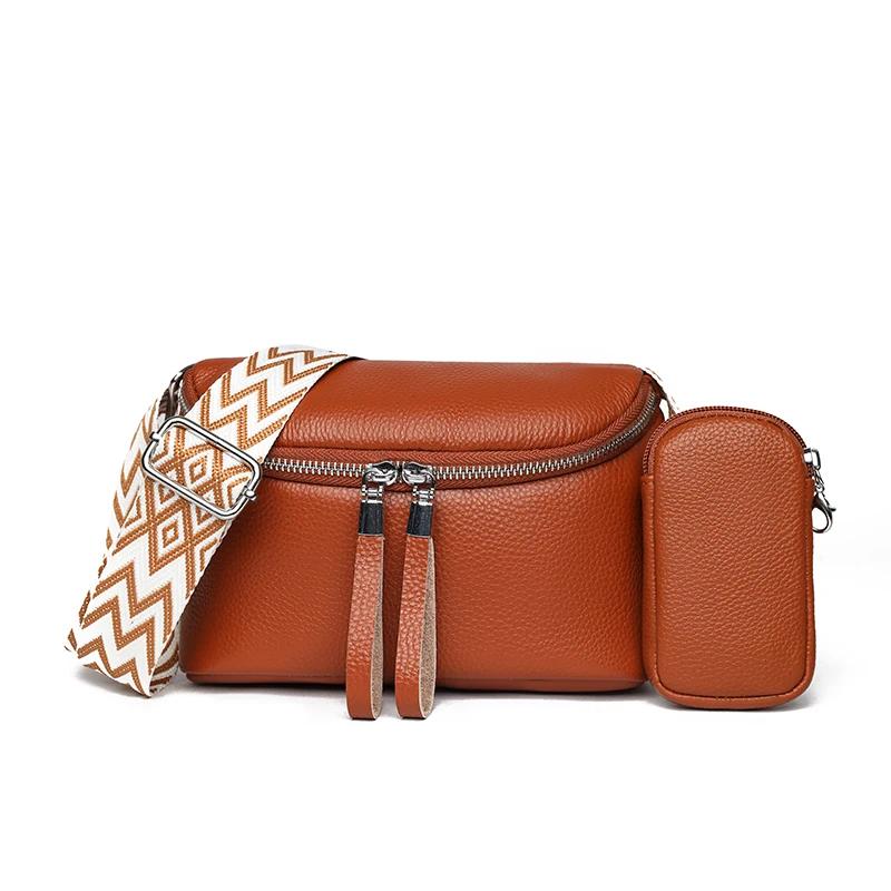 Two In One Women Vintage Underarm Bags  Cowhide Leather Shoulder Bag Multipocket Adjustable Strap Female Commute Daily Bags