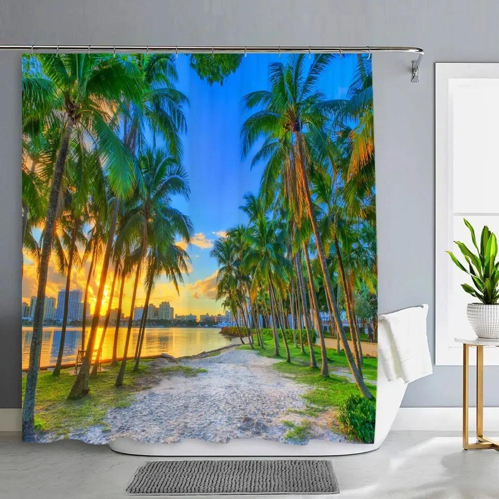 1PC Green Tropical Plants Shower Curtains for Bathroom Polyester Seaworld Shower Curtain Printing Curtain Beach Shower Curtains