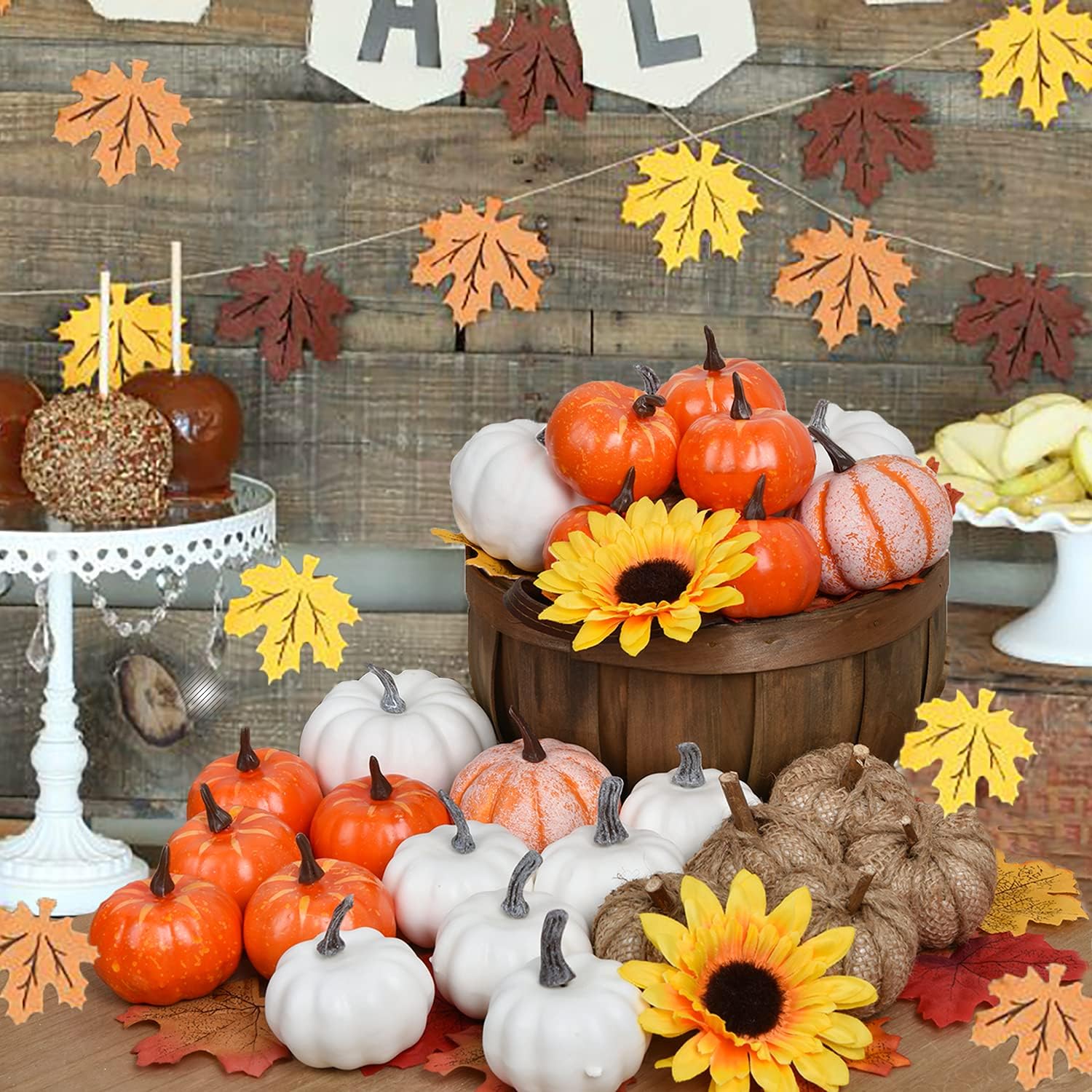 DearHouse 80Pcs Artificial Pumpkins Maple Harvest Fall Decoration, 30Pcs Fall Pumpkins and 50Pcs Maple Leaves for Autumn Thanksgiving Harvest Home