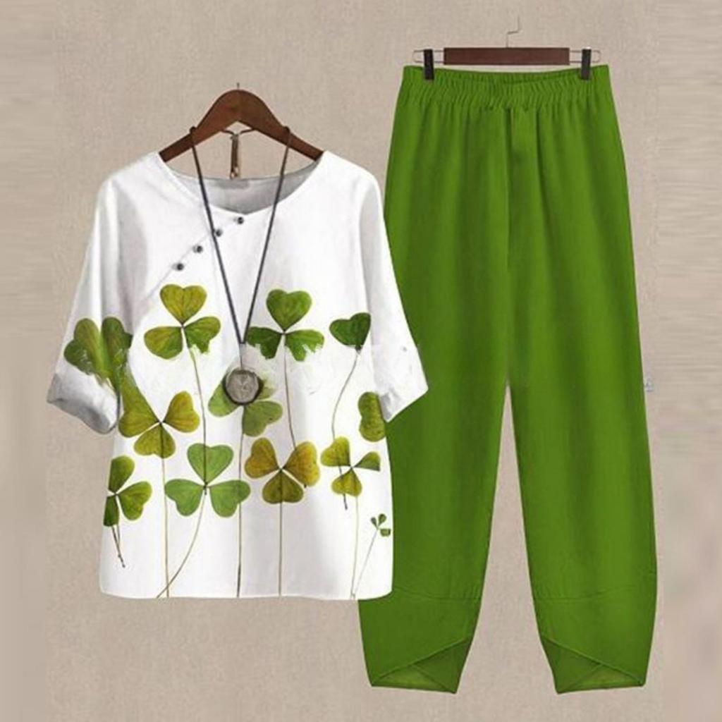 Women's Loose Fit Floral Printed Two Piece Outfit Half Sleeve T-Shirt Elastic Waist Pantsuit