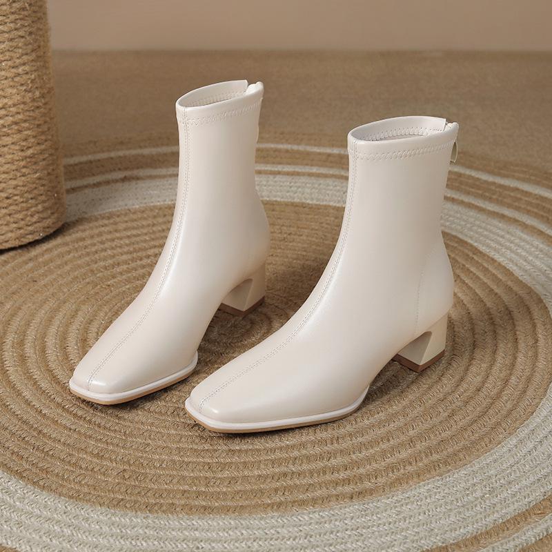 2024 Dame Hvite Martin Ankelstøvletter: Kraftig hæl, Britisk stil, Slankende, Fleecefôret for vår og høst