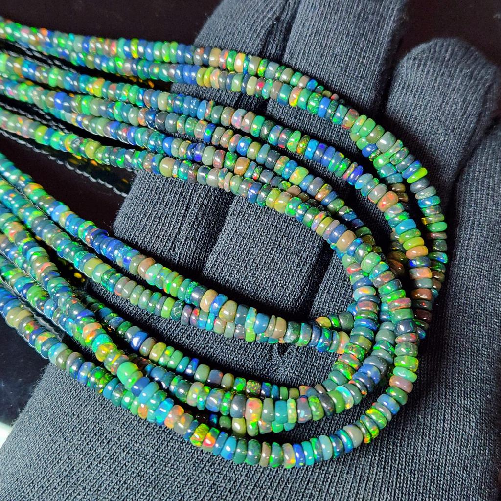 Smooth Polish Rainbow Flashy Rondell Ethiopian Opal Beads, Black Opal strand beads.