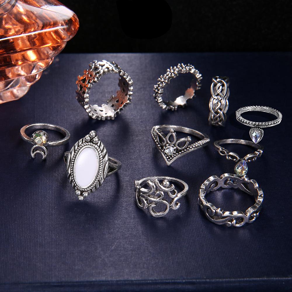 Dazzling Opal Diamond Crescent 10-Piece Joint Ring Combination Set
