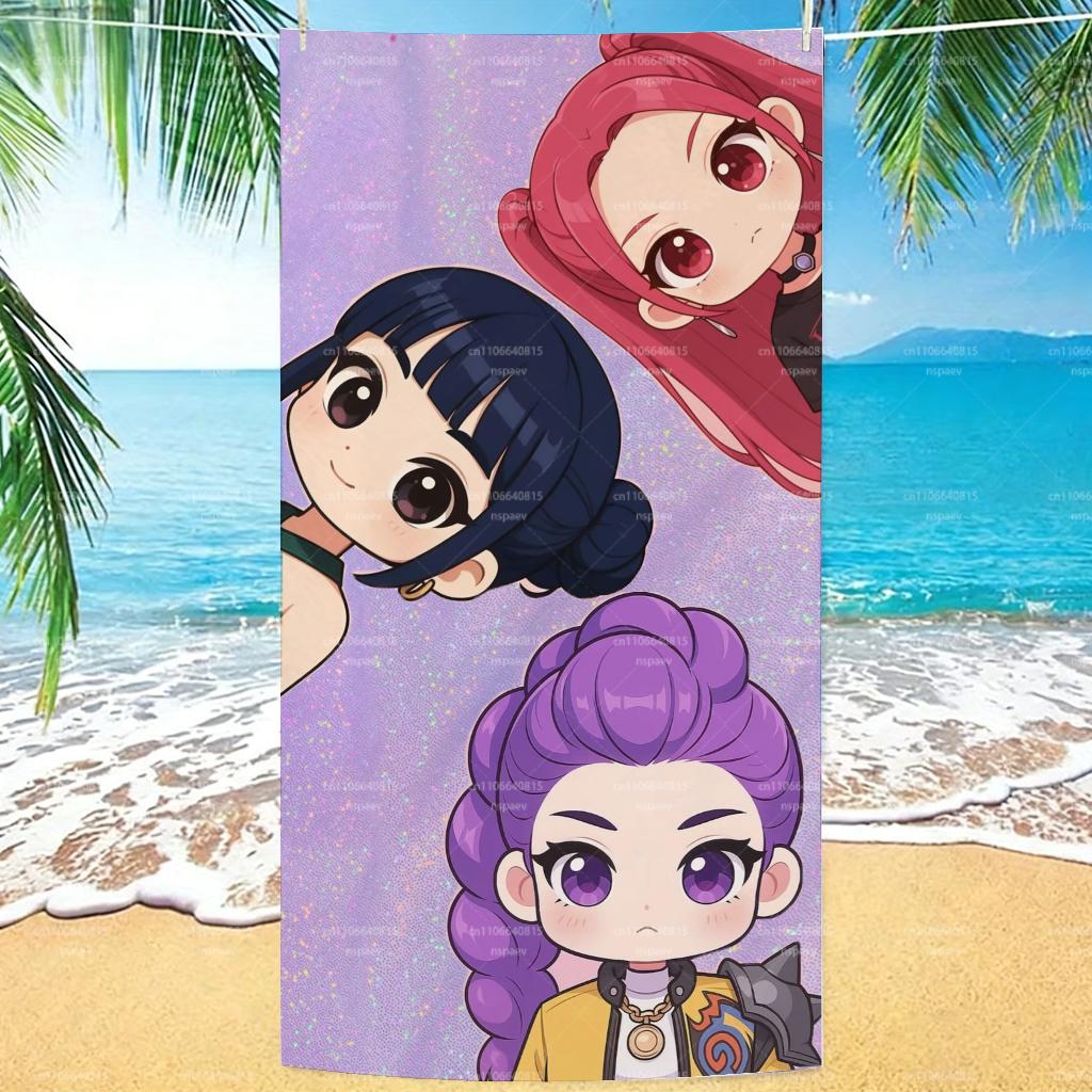 K-Pop Girl Group Chibi Anime Beach Towel, Glitter Purple Print Quick Dry Bath Towel, Soft Microfiber Fan Gift Blanket