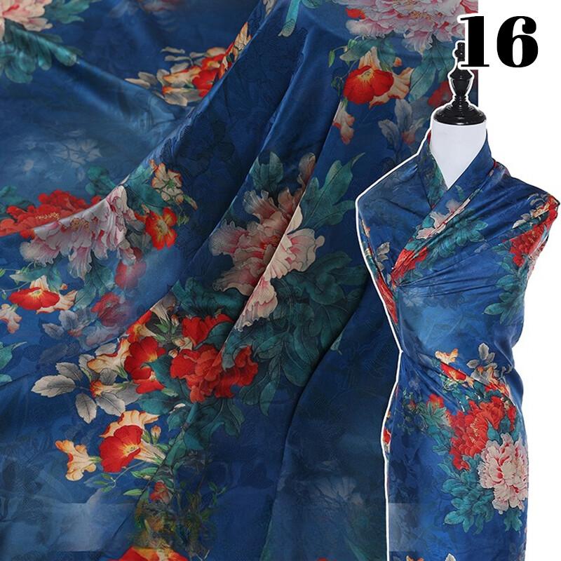 Chinese Landscape Painting Fabric Silk Stretch Satin Cloth for Cheongsam Hanfu DIY Sewing Craft Dress Stage Clothing Supplies