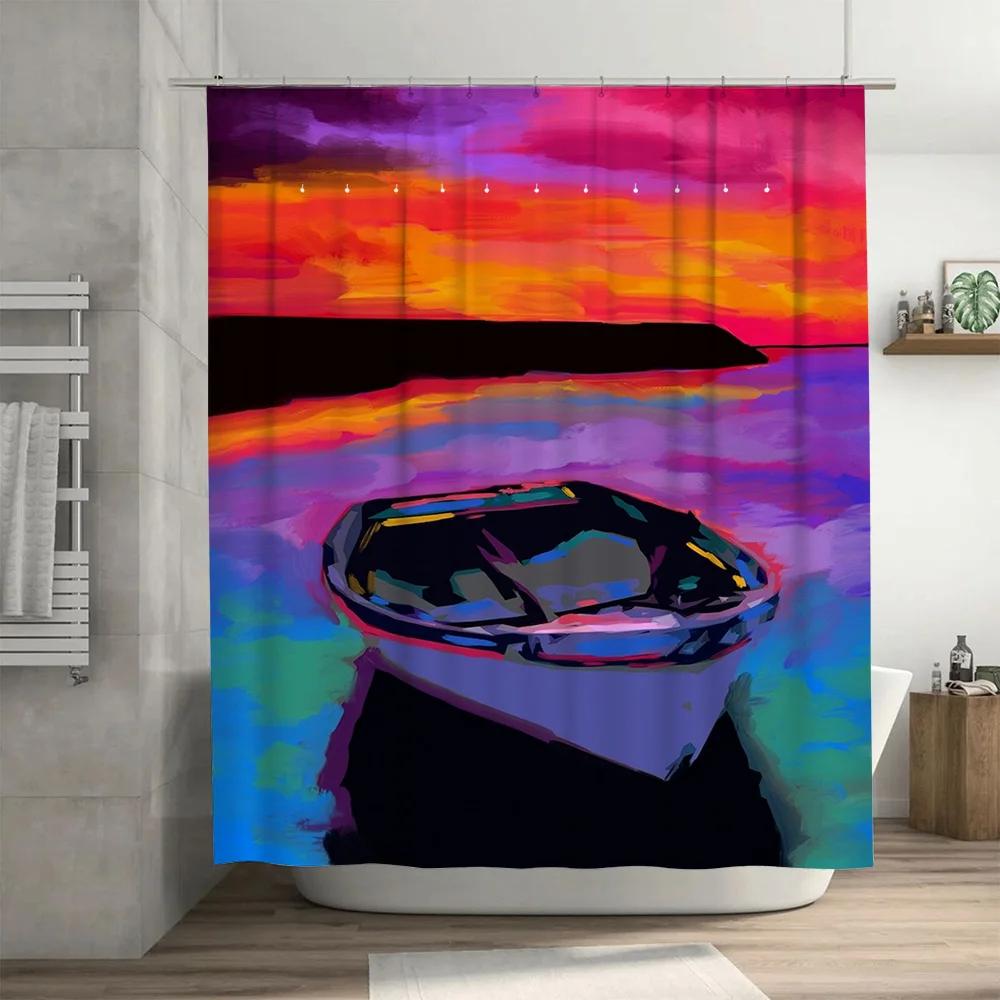 Waterproof Shower Curtain Featuring A Colorful Sunset Boat Design With Uv Protection For Bathroom Decor Accessories