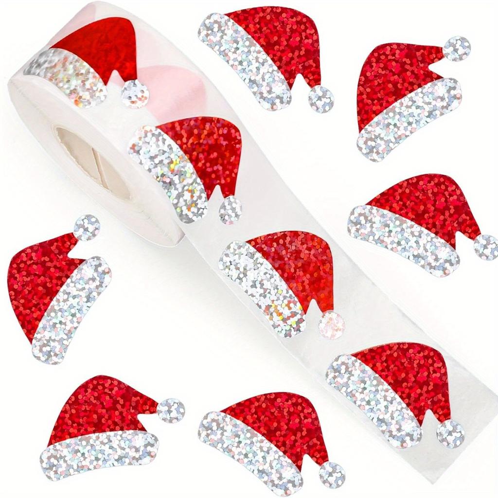500pcs Red Christmas Santa Hat Stickers with Glittering - Laser-Cut Self-Adhesive Waterproof Decoration for Holiday Cards, Gifts, Party Decorations