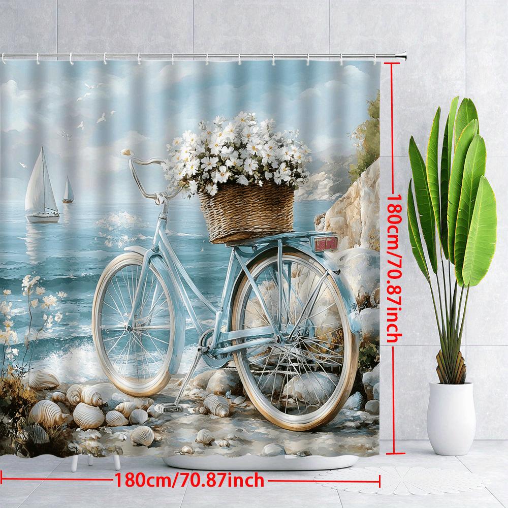 1pc Vintage Blue Bicycle Shower Curtain - Wicker Basket, Rocky Beach, Sailboats & Seagulls, Polyester, Bathroom Decor