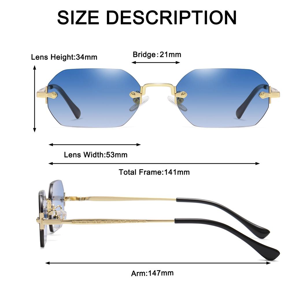 Rimless Rectangle Sunglasses UV400 Gold Metal Frame Small Men Women Blue Shades