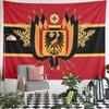 A yellow and black eagle crest surrounded by flags, leaves, and emblems. Patterned tapestry for bedroom and living room home decor