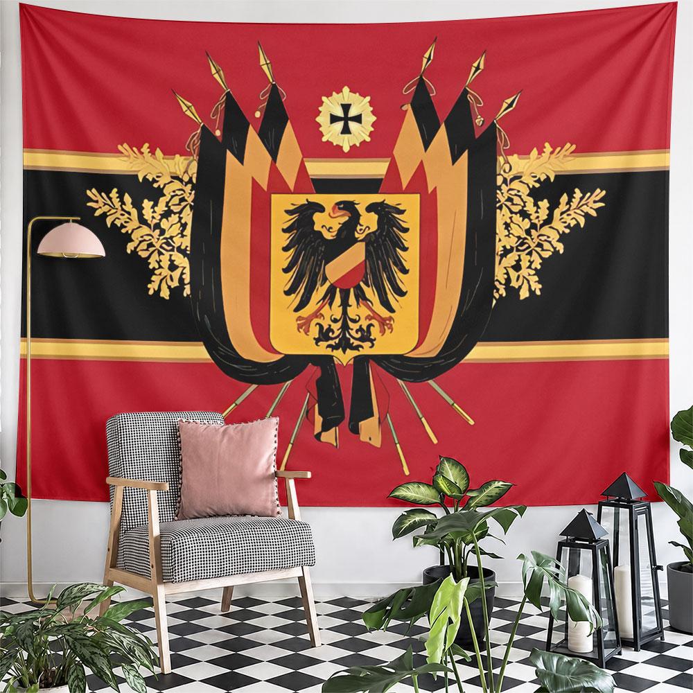 A yellow and black eagle crest surrounded by flags, leaves, and emblems. Patterned tapestry for bedroom and living room home decor