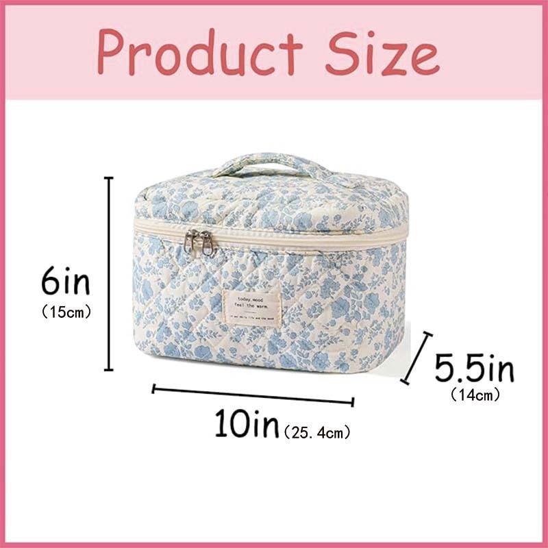 Blue Floral Quilted Cosmetic Bag Large Capacity Handheld Makeup Organizer Travel Toiletry Bag