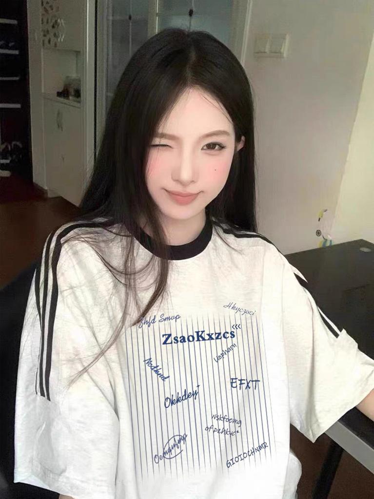 Pure cotton striped three bars short-sleeved t-shirt women's summer new popular design sense niche loose American half-sleeved top
