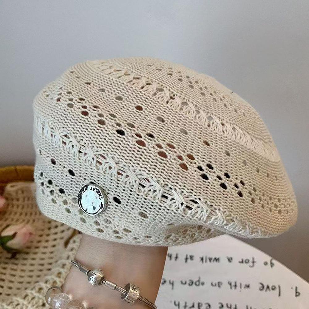 Korean Ins Hollow Knit Beret Hat Breathable Summer Lightweight Beanie Cap Versatile Thin Knitted Painter Caps Fashion Sun Hats