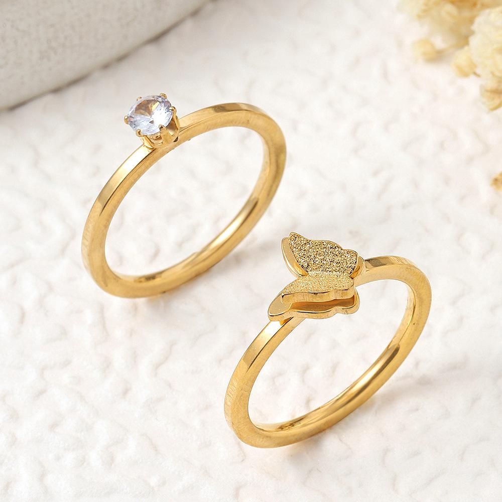

Titanium Steel Jewelry Double Layer Butterfly Matte Ring Korean Style Simple Six-Prong Diamond Stainless Steel Ring Set 9No.