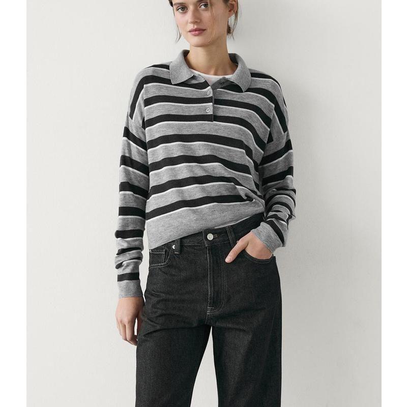 MD Fall and Winter New Women's Clothing American Preppy Style Casual Stripes Polo Shirt Collar Long Sleeves Knitwear 5663588