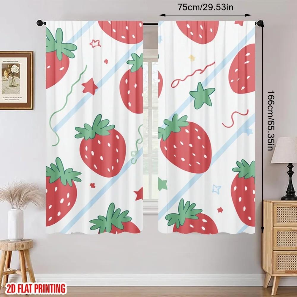 Set Of 2 Strawberry Print Curtain Polyester Kids Room Decor Holiday Window Dressing Light Blocking With Rod Pocket Ideal For Children's