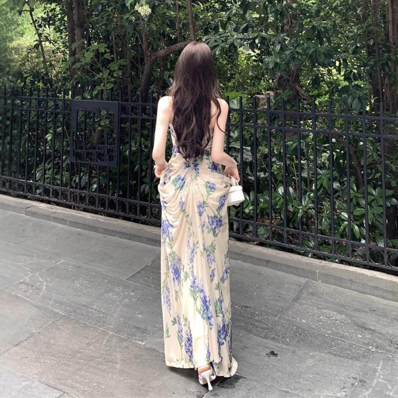 Coffee break French retro floral suspender dress seaside vacation temperament beach dress children summer