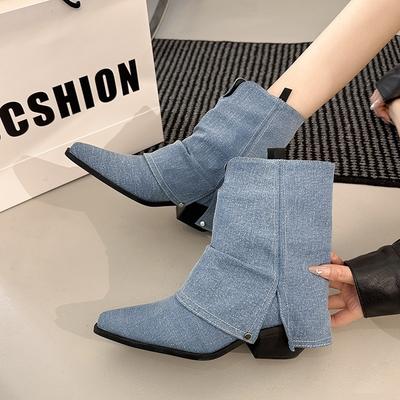 Stivali da Donna a Mezza Gamba Punta Sottile in Pelle Stivale Retrò Stivali Tubolari per Pantaloni Corti Stivale Classico in Tela Stile Cowboy Stivali da Donna
