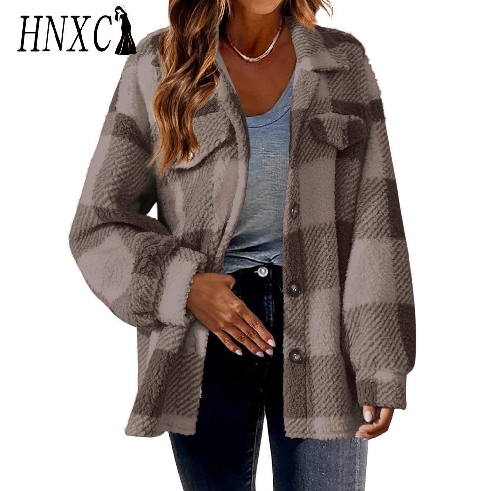 HNXC Damen Vintage Lässig Karomuster Herbst Winter Langarm POLO Kragen Jacken & Mäntel
