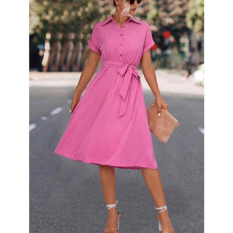 Sommer Kurzarm Casual Shirt Kleid Frauen Elegante Revers Lace Up A-linie Kleid Weibliche Button Up Fashion Party Lose Lange kleider Kleidung 805