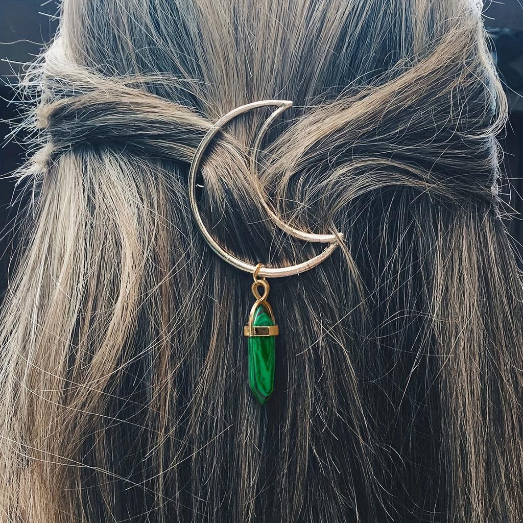 Eleganter sechseckiger Säulen-Naturstein-Anhänger, Metall-Haarklammer in Halbmondform für Damen, Haaraccessoire im schlichten Stil
