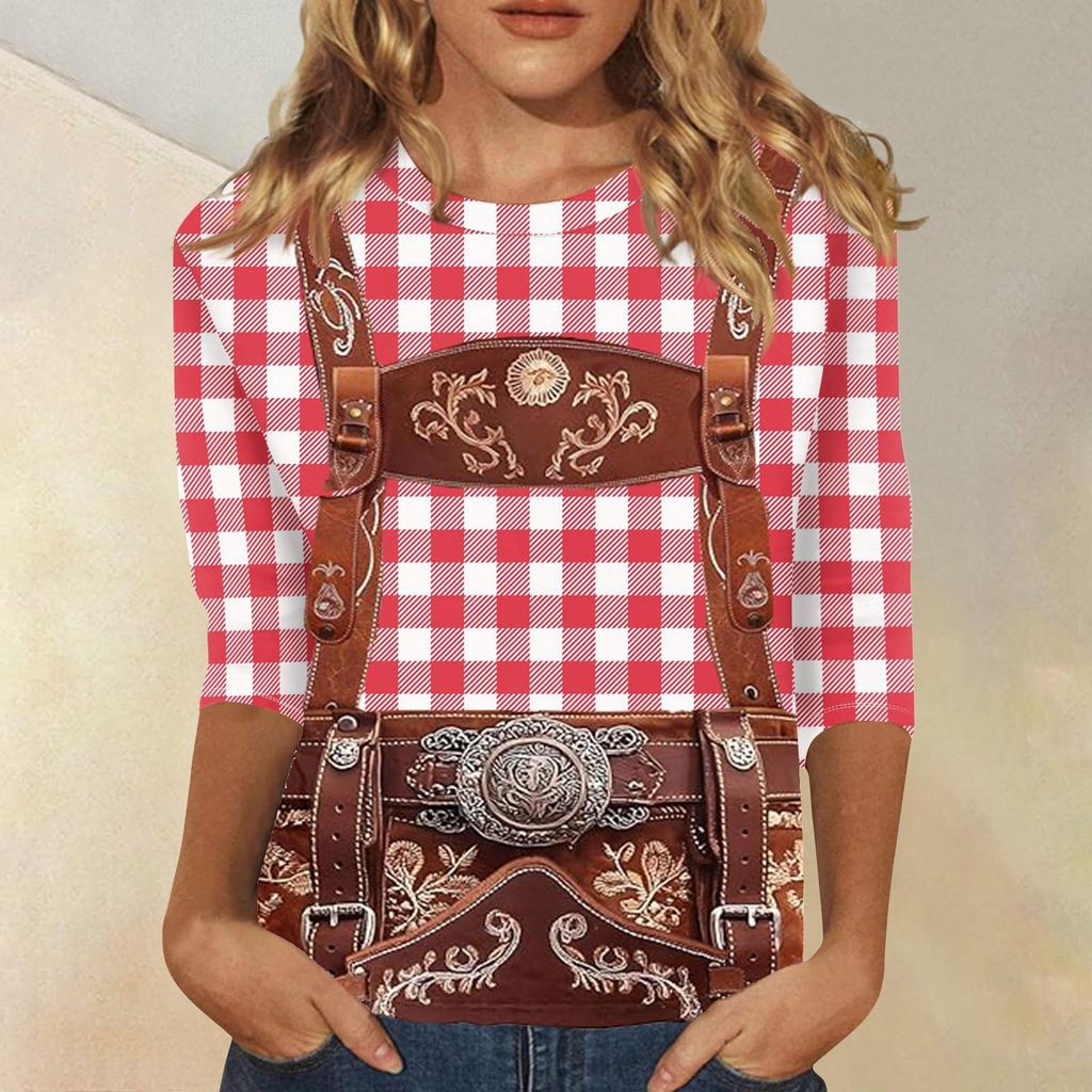 Women Casual Three Quarter Sleeve Oktoberfest Print Round Neck Top Fashion Loose Fit Lightweight Pullover Shirt for Autumn
