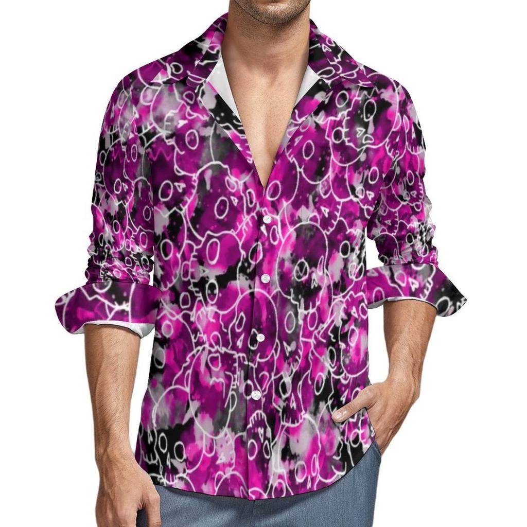 Skull Print Long Sleeve Shirt, Men's Fashion Casual Button-Up Shirt
