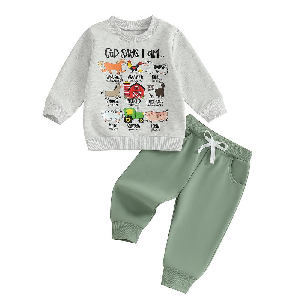 Toddler Boy Fall Outfits Animal Print Long Sleeve Round Neck Pullover Elastic Waist Solid Pants 2 Pcs Set